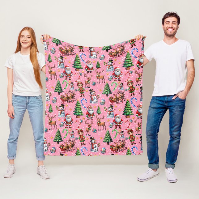 Couverture Polaire Motif décoratif de Noël sur fond rose (Créateur téléchargé)