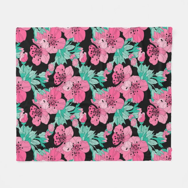Couverture Polaire Motif décoratif en fleurs de cerisier dessiné à la (Devant (Horizontal))