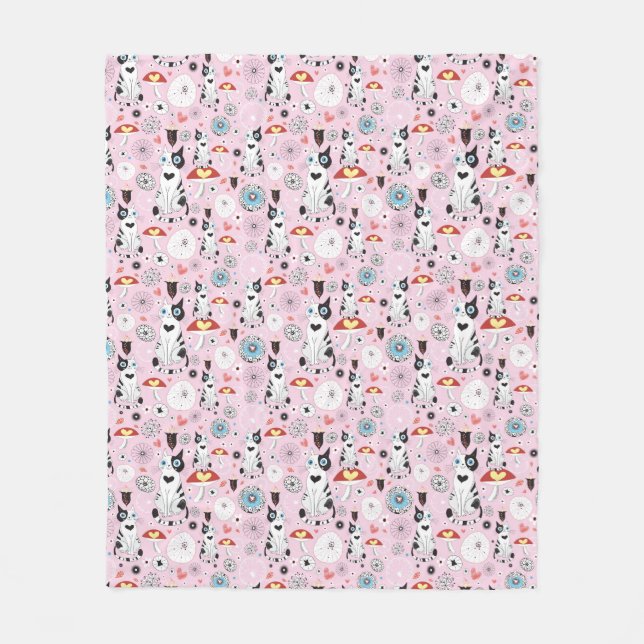 Couverture Polaire motif des chats et des fleurs (Devant)