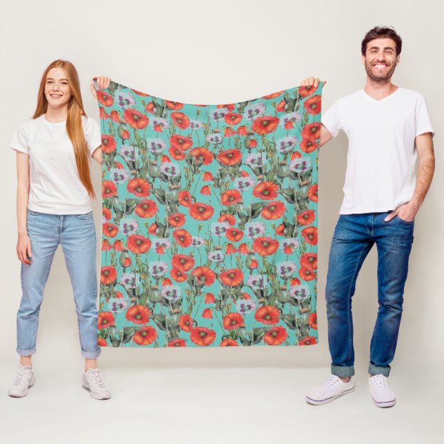 Couverture Polaire Motif des Poppies rouges et aqua (En situation)