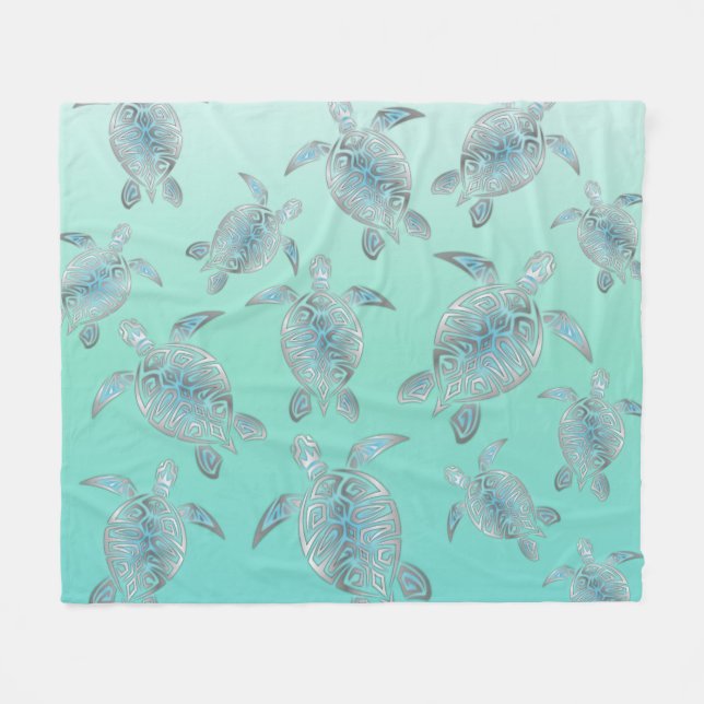 Couverture Polaire Motif des tortues de mer turquoise argentée (Devant (Horizontal))