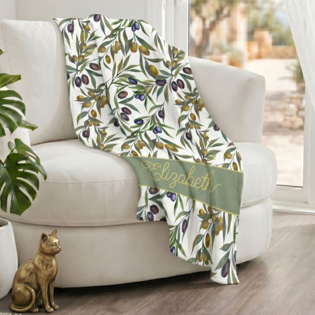 Couverture Polaire Motif d'olive de campagne française aquarelle vert (Créateur téléchargé)