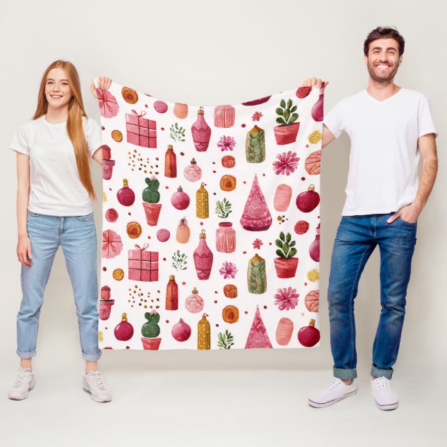 Couverture Polaire Motif d'ornements de Noël Cactus Rose (En situation)