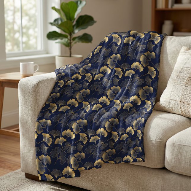 Couverture Polaire Motif élégant de feuille de Ginkgo bleu marine or (Créateur téléchargé)