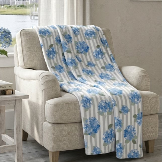 Couverture Polaire Motif Élégant d'Hydrangea Bleue Rayure Grise (Créateur téléchargé)