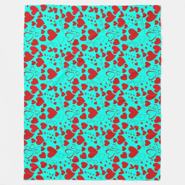 Couverture Polaire Motif en forme de coeur rouge en turquoise vide (Devant)