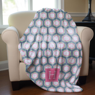 Couverture Polaire Motif en peigne de miel bleu vert et rose Monogram
