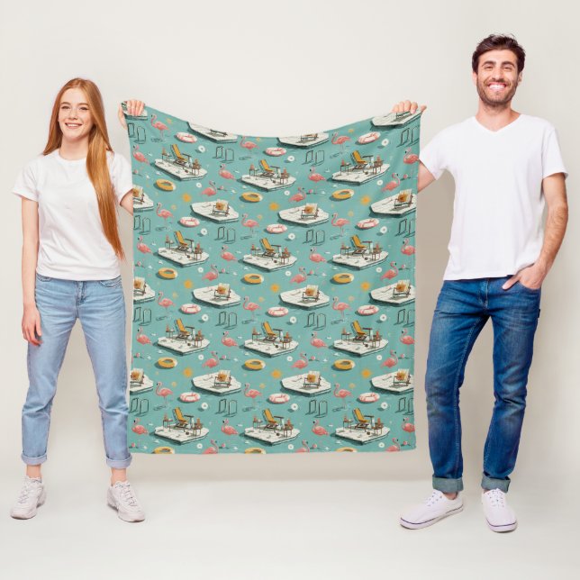 Couverture Polaire Motif Été Rétro Flamingo Piscine (8) (En situation)