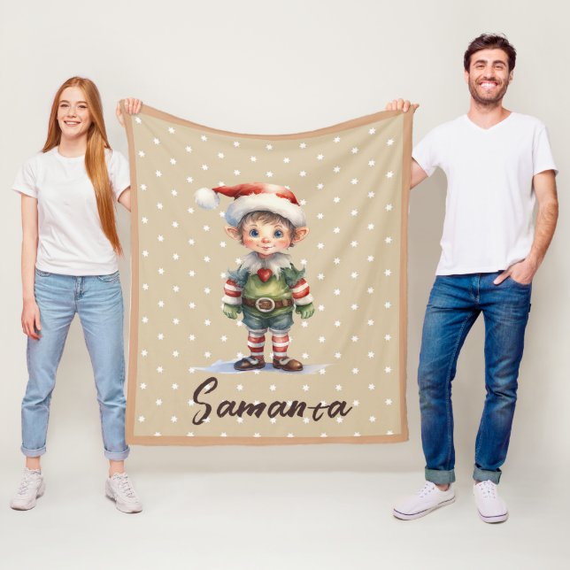 Couverture Polaire Motif étoile gnome bleu beige nom (En situation)