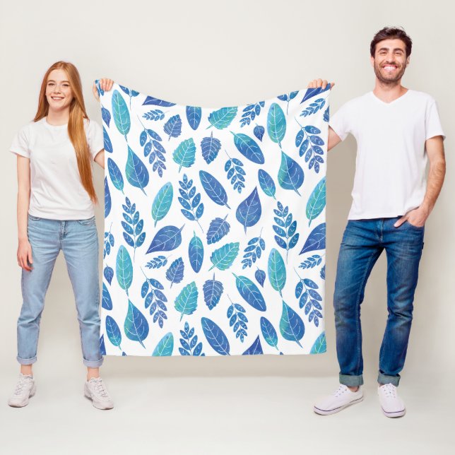 Couverture Polaire Motif Feuille bleu aquarelle (En situation)