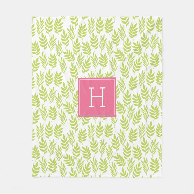 Couverture Polaire Motif Feuille vert et monogramme rose (Devant)