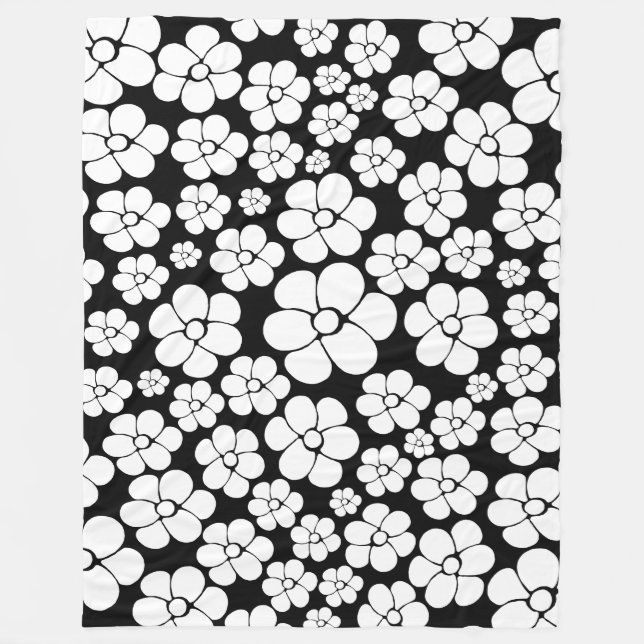 Couverture Polaire Motif Fleur rétro en blanc sur noir (Devant)