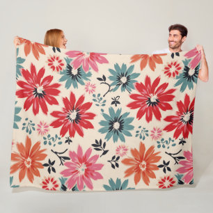 Couverture Polaire Motif Fleur Rétro Rouge Orange Bleu