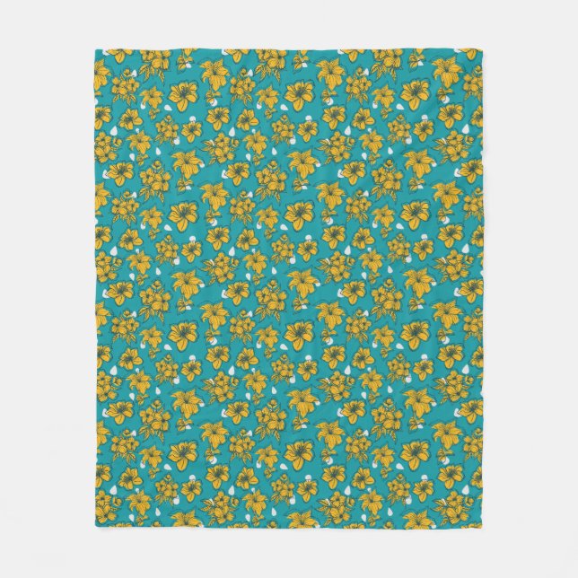 Couverture Polaire Motif Fleurs Turquoises jaunes (Devant)