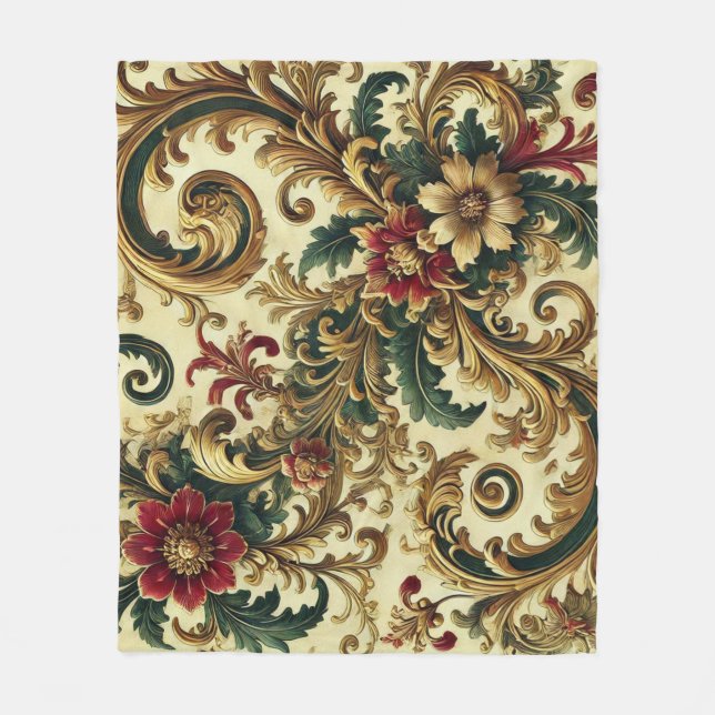Couverture Polaire Motif floral baroque avec or, rouge, vert A (Devant)