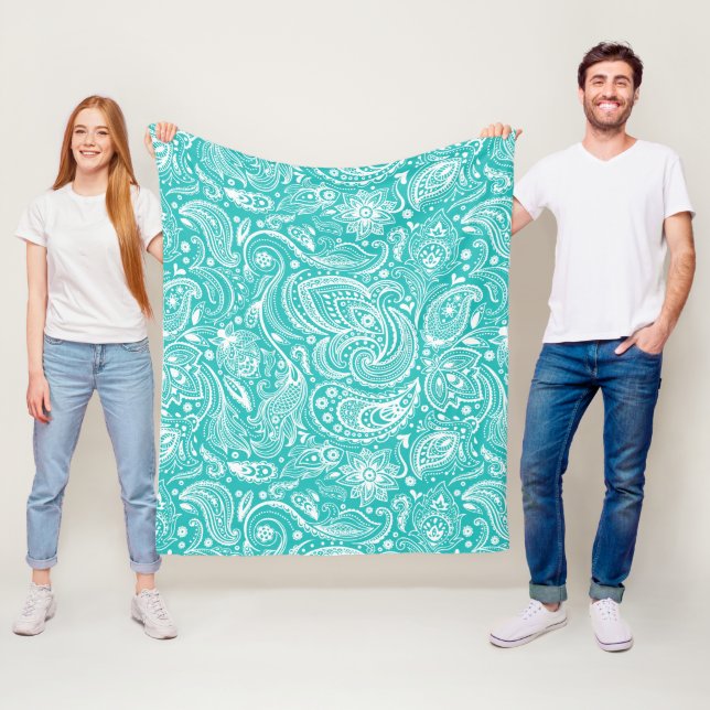 Couverture Polaire Motif Floral Blanc Et Turquoise (En situation)