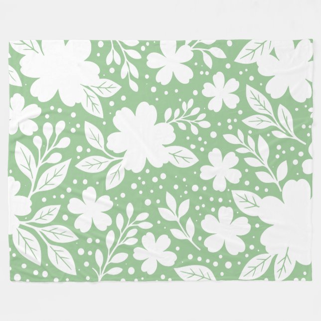 Couverture Polaire Motif floral blanc sur fond vert clair (Devant (Horizontal))