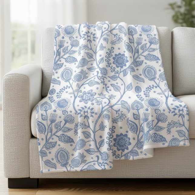 Couverture Polaire Motif floral bleu et blanc botanique boho chic (Créateur téléchargé)