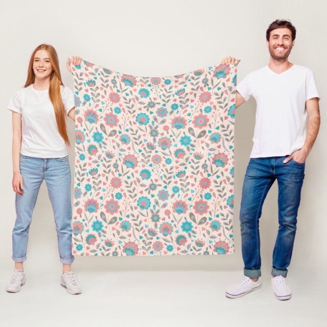 Couverture Polaire Motif floral d'art populaire turquoise et de (En situation)