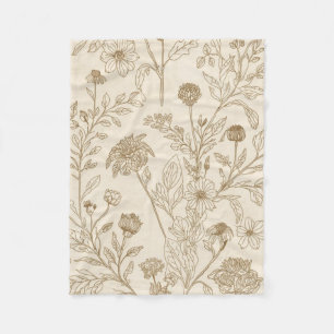Couverture Polaire Motif floral de dessin au trait botanique sépia an