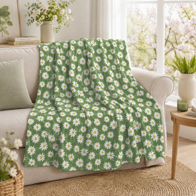 Couverture Polaire Motif floral de marguerite boho vert (Créateur téléchargé)
