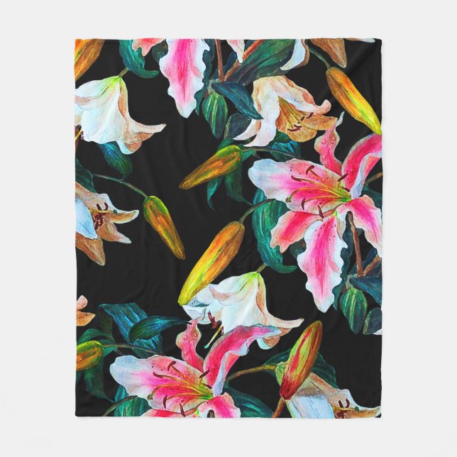 Couverture Polaire Motif floral incomparable. Lys blanc et rose sur u (Devant)