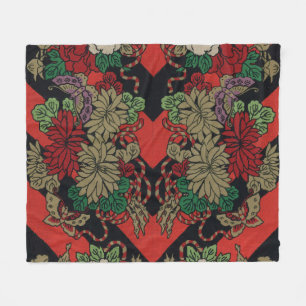 Couverture Polaire Motif floral japonais vintage pivoine rouge noir