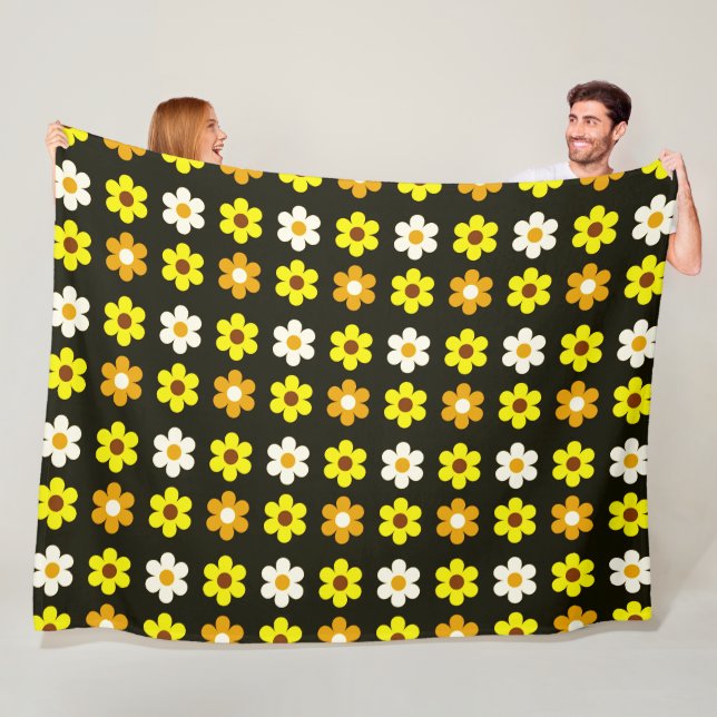 Couverture Polaire motif floral jaune blanc rétro (En situation)