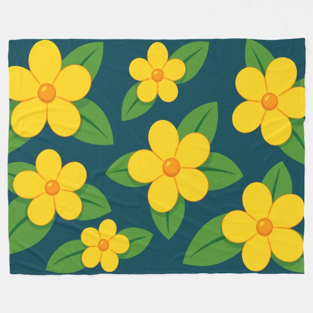 Couverture Polaire Motif floral jaune vif avec feuilles vertes (Devant (Horizontal))