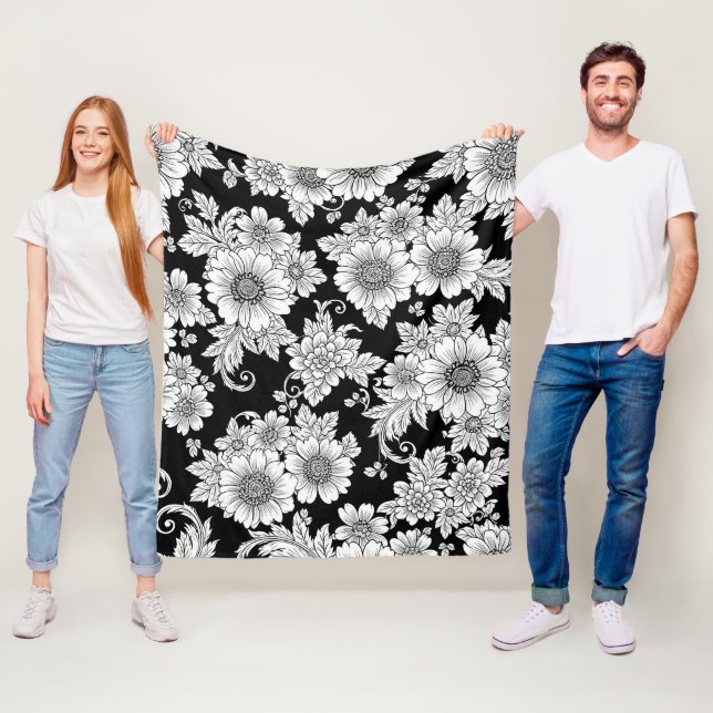 Couverture Polaire Motif floral monochrome chic de luxe (2) (En situation)