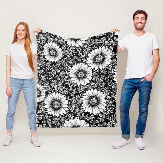 Couverture Polaire Motif floral monochrome chic de luxe (5) (En situation)