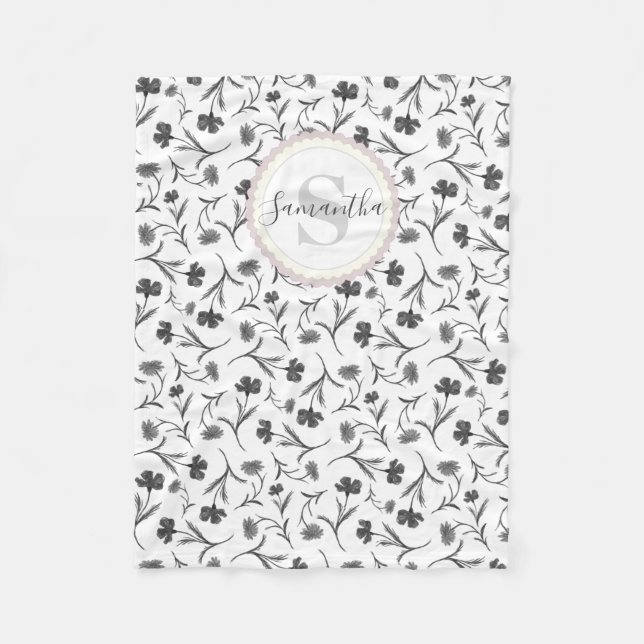 Couverture Polaire Motif floral noir et blanc - Nom et monogramme (Devant)