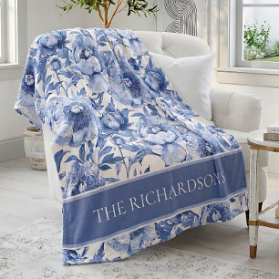 Couverture Polaire Motif floral personnalisé bleu et blanc de style c