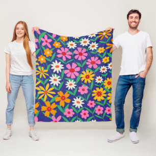 Couverture Polaire Motif floral rétro boho rose orange sur fond bleu 