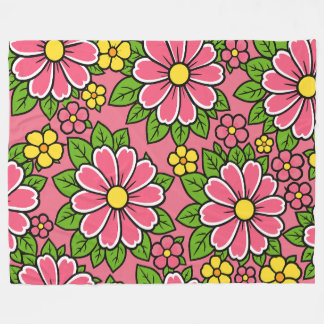 Couverture Polaire Motif floral rose et jaune avec feuilles vertes