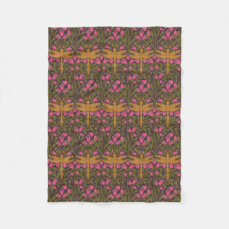 Couverture Polaire Motif floral rose libellule dorée Art Nouveau