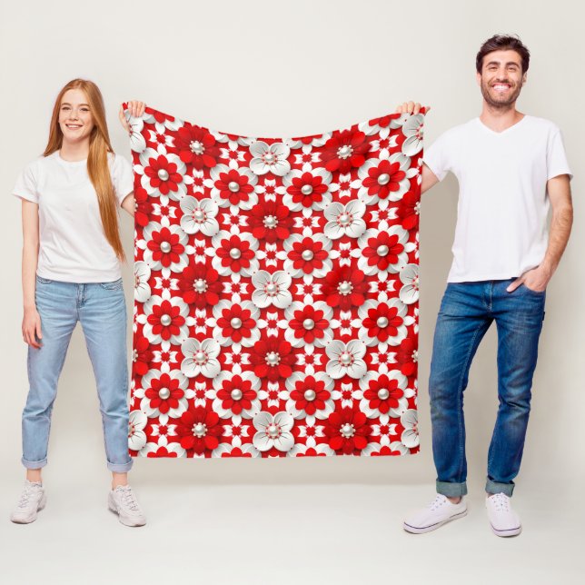 Couverture Polaire Motif floral rouge et blanc vibrant avec perle (En situation)