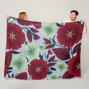 Couverture Polaire Motif floral rouge et vert avec Feuille