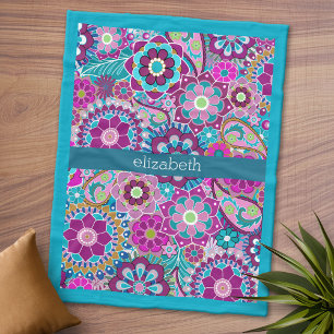 Couverture Polaire Motif floral turquoise et rose avec le nom fait