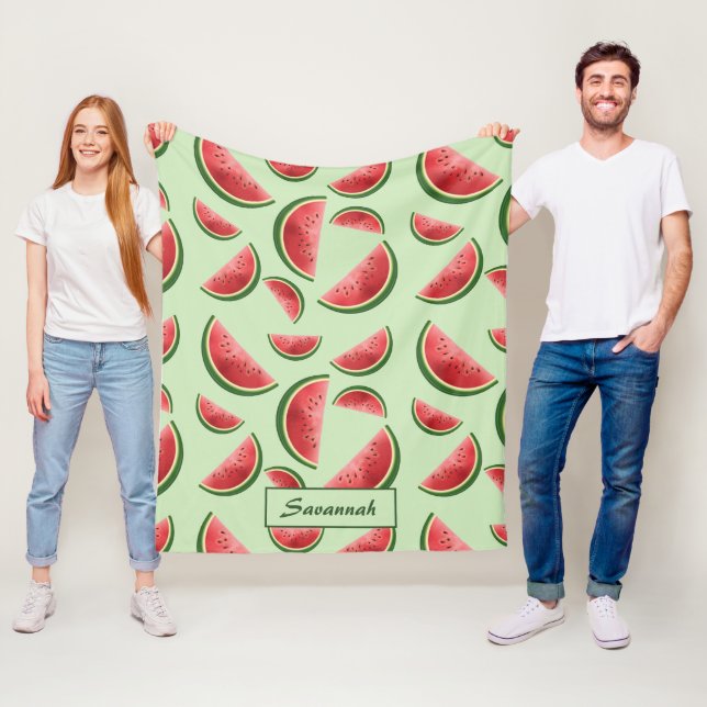Couverture Polaire Motif Fruit De Pastèque Sur Vert Avec Nom Personna (En situation)