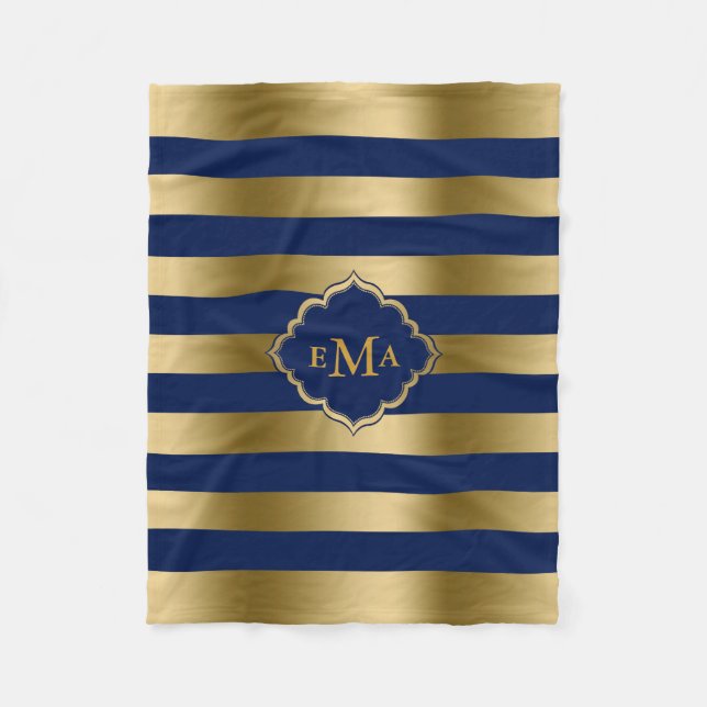 Couverture Polaire Motif géométrique Monogramme Gold & Blue Stripes (Devant)