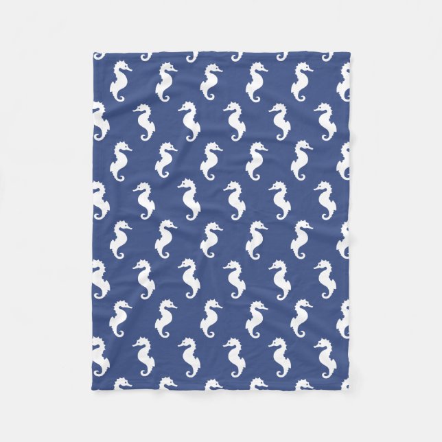 Couverture Polaire Motif hippocampe bleu marine et blanc (Devant)