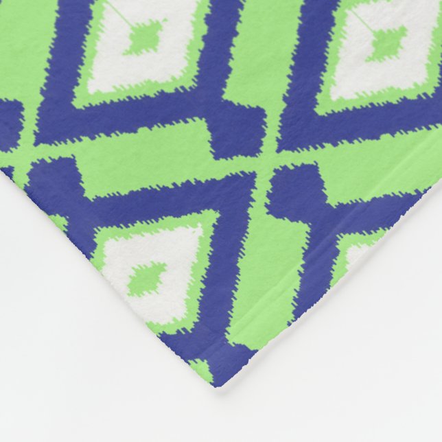 Couverture Polaire Motif Ikat - Vert, Indigo Bleu et Blanc (Coin)