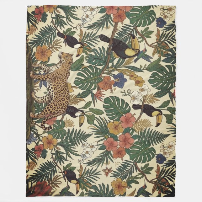 Couverture Polaire Motif Jungle avec Léopard, Toucan (Devant)