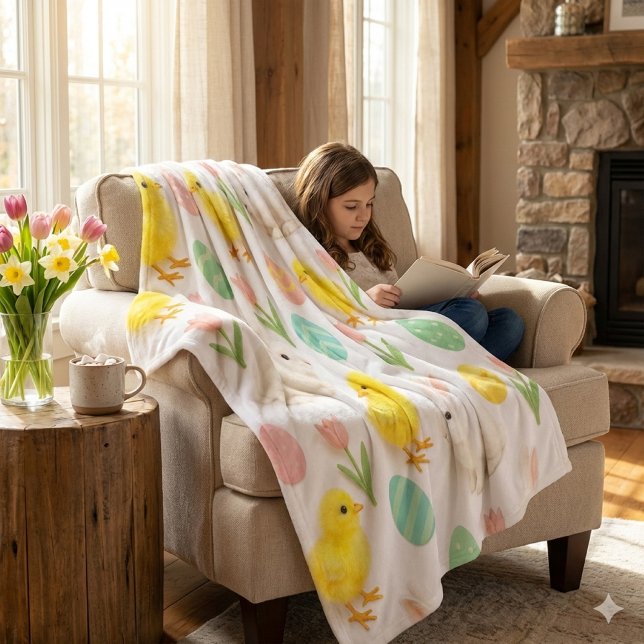 Couverture Polaire Motif lapins et poussins (Cozy moments are enhanced by reading a book by the fire and using a warm, springtime fleece blanket)