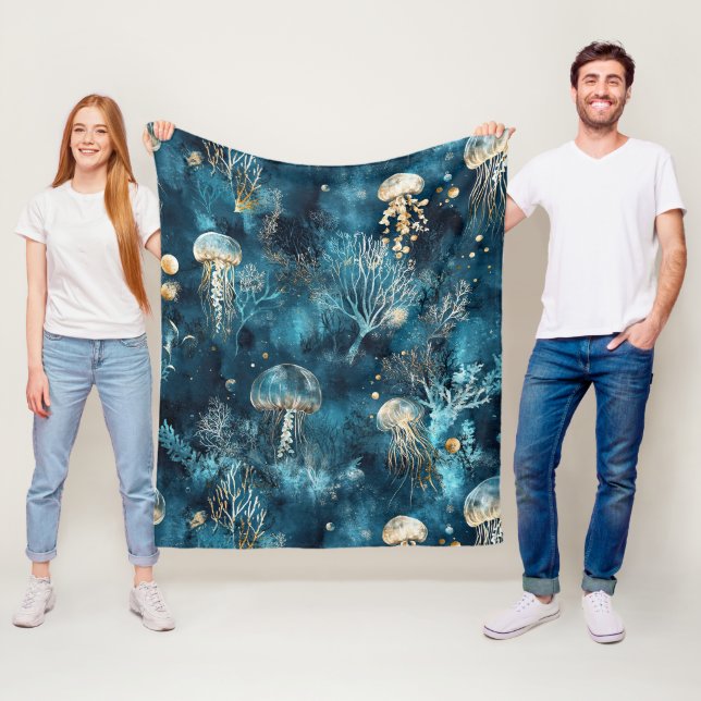 Couverture Polaire Motif Lux Ocean Jellyfish & Coral Or (En situation)