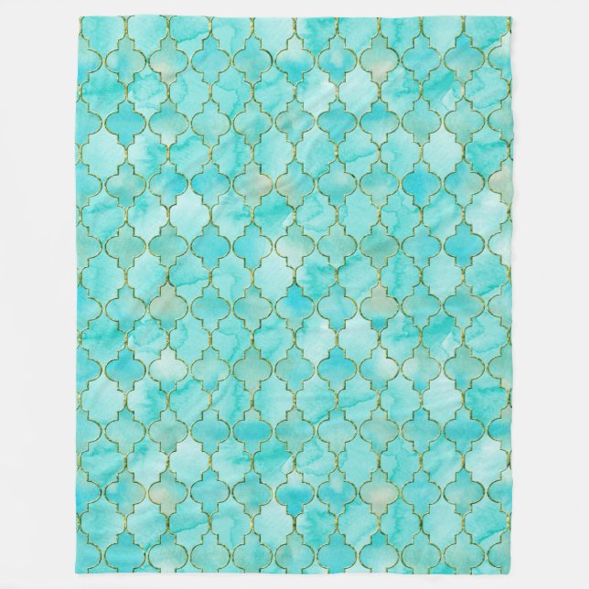 Couverture Polaire Motif Marocain Gold et Aqua (Devant)