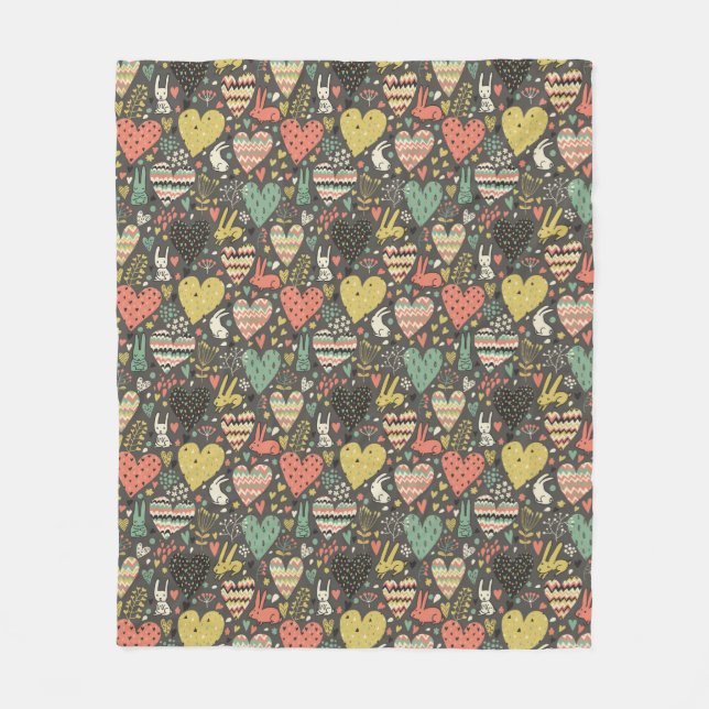 Couverture Polaire Motif mignon de lapins d'amour avec des coeurs (Devant)