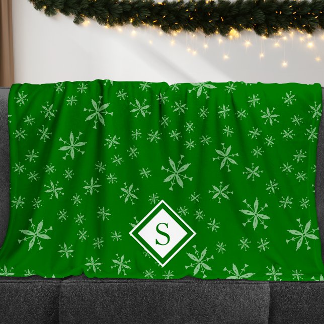 Couverture Polaire Motif moderne Snowflake sur Green Monogramme (Créateur téléchargé)