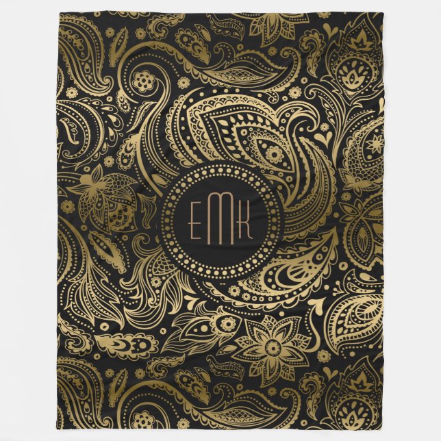 Couverture Polaire Motif Monogramme Black Gold Paisley (Devant)